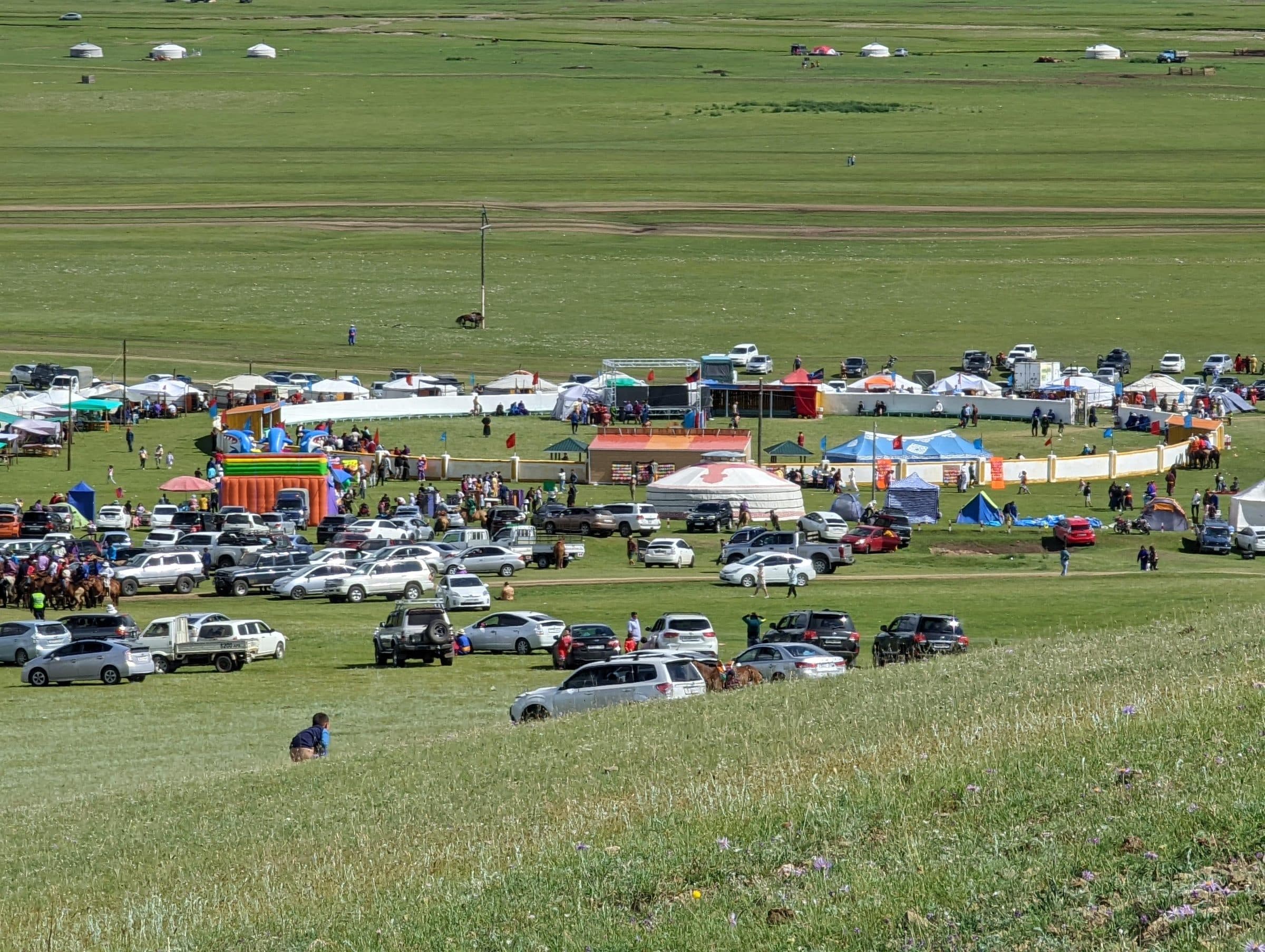 Local Naadam, opening morning — the field starts filling at dawn.